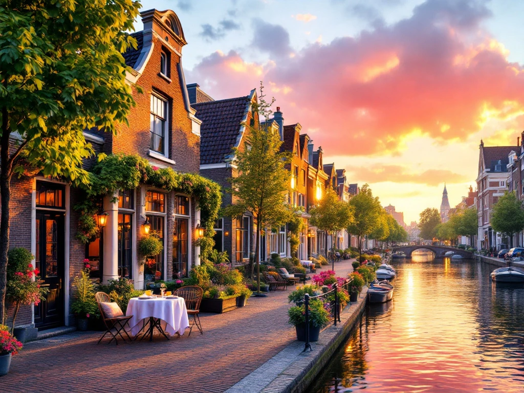 Amsterdamse gracht bij zonsopgang met een elegant grachtenpand, patio voor ontbijt, en weerspiegeling van de kleurrijke lucht in het water.
