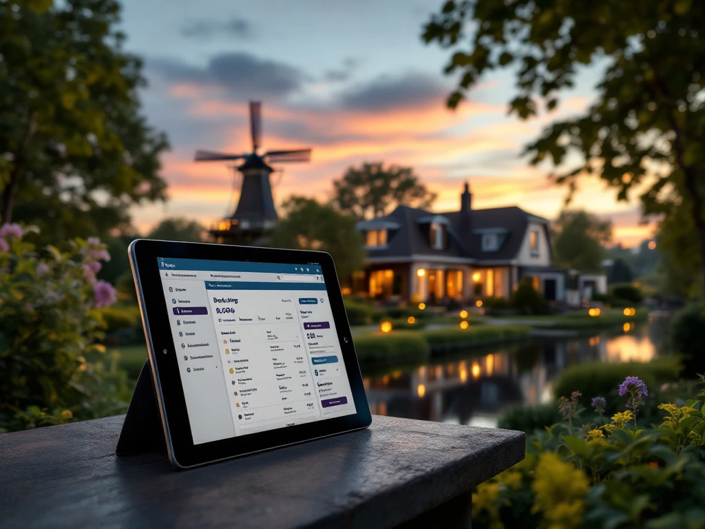 Landschap bij zonsondergang met villa en tablet voor boekingsbeheer. Kanaal en molens op de achtergrond, symbool voor innovatie en luxe.