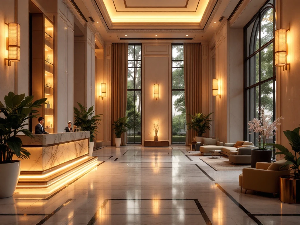 Een luxe hotel lobby met warme verlichting, marmeren balie, modern meubilair en zicht op groen, symboliseert uitmuntende service.