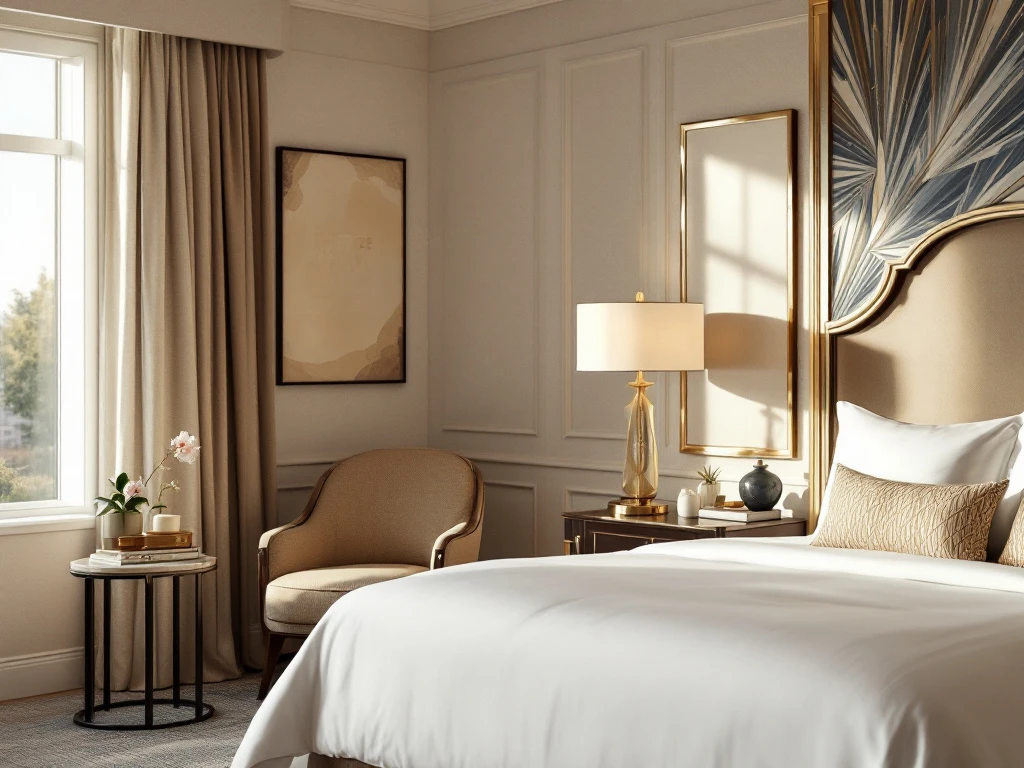 Luxe hotelkamer met een kingsize bed, moderne fauteuil, groot raam, kunstwerken en een warme, elegante sfeer in aardetinten.