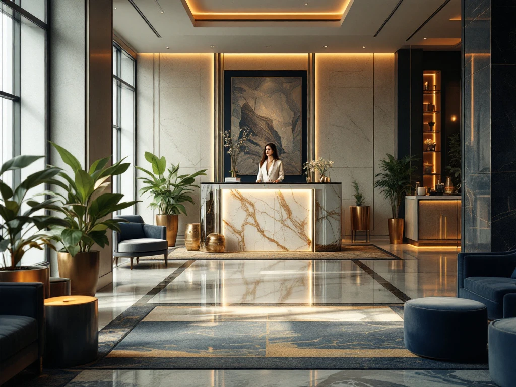 Luxe hotel lobby met moderne inrichting, warme kleuren, marmeren balie, stijlvolle conciërge, en eco-vriendelijke accenten.