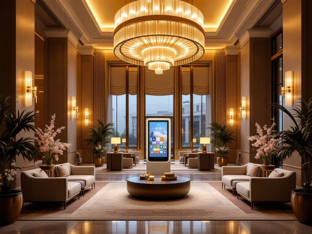 Luxe hotel lobby met warme verlichting, moderne meubels, digitaal incheckpunt, planten en bloemen, weerspiegelt comfort en innovatie.