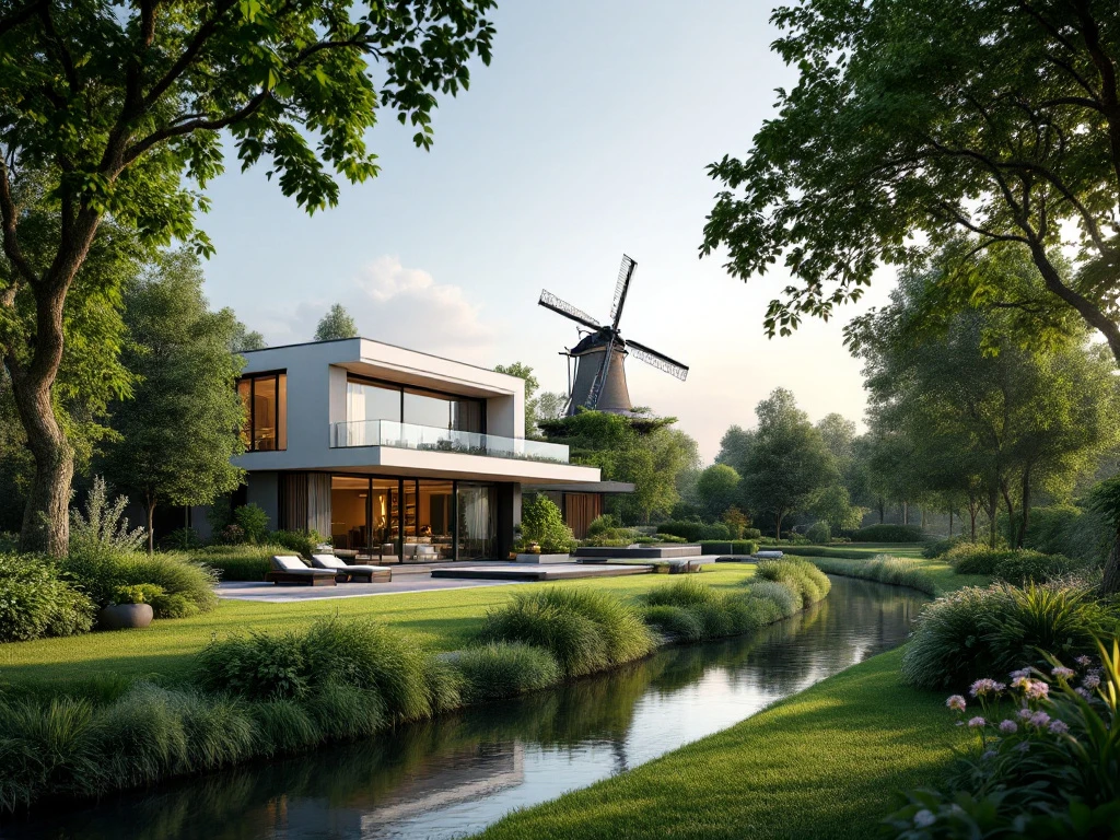 Een moderne villa omgeven door groen aan een kanaal, met een windmolen op de achtergrond, belichaamt luxe en gastvrijheid in Nederland.