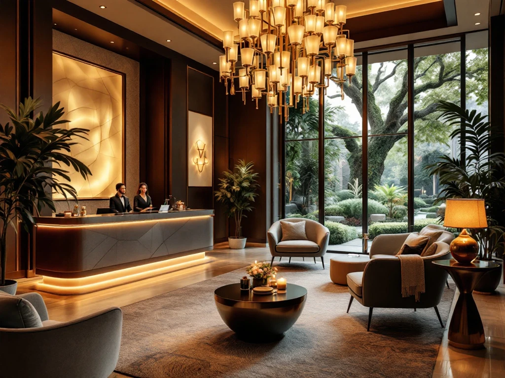 Elegante hotellobby met warme verlichting, luxe meubels, een grote kroonluchter en uitzicht op groene tuin. Ontvangstbalie met vriendelijk personeel.