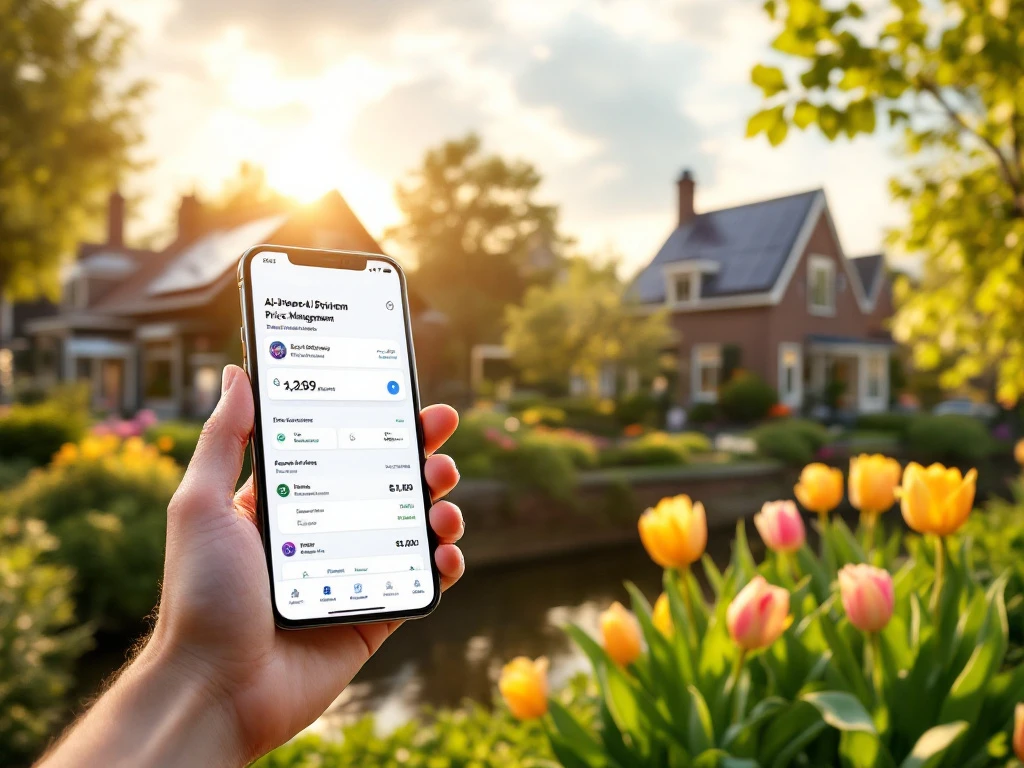 Een fotorealistisch beeld van een Nederlands stadje met een smartphone, duurzame huizen aan het kanaal, en kleurrijke tulpen.