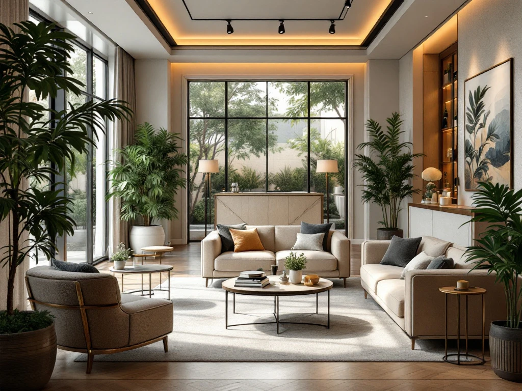 Lobby van een luxe boutique hotel met warme verlichting, elegante meubels en uitzicht op een rustige tuin. Sfeer van comfort en stijl.