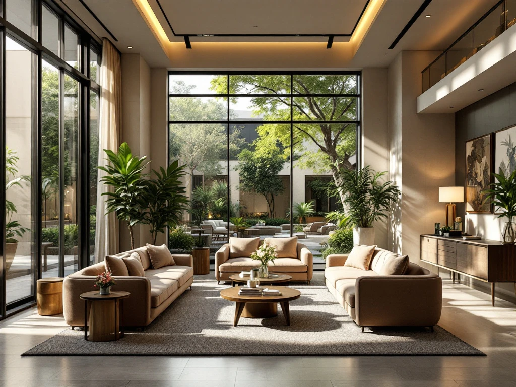 Zonnige hotel lobby met luxe meubels en grote ramen naar een groene tuin, benadrukt duurzaamheid en stijl van BetterStays.