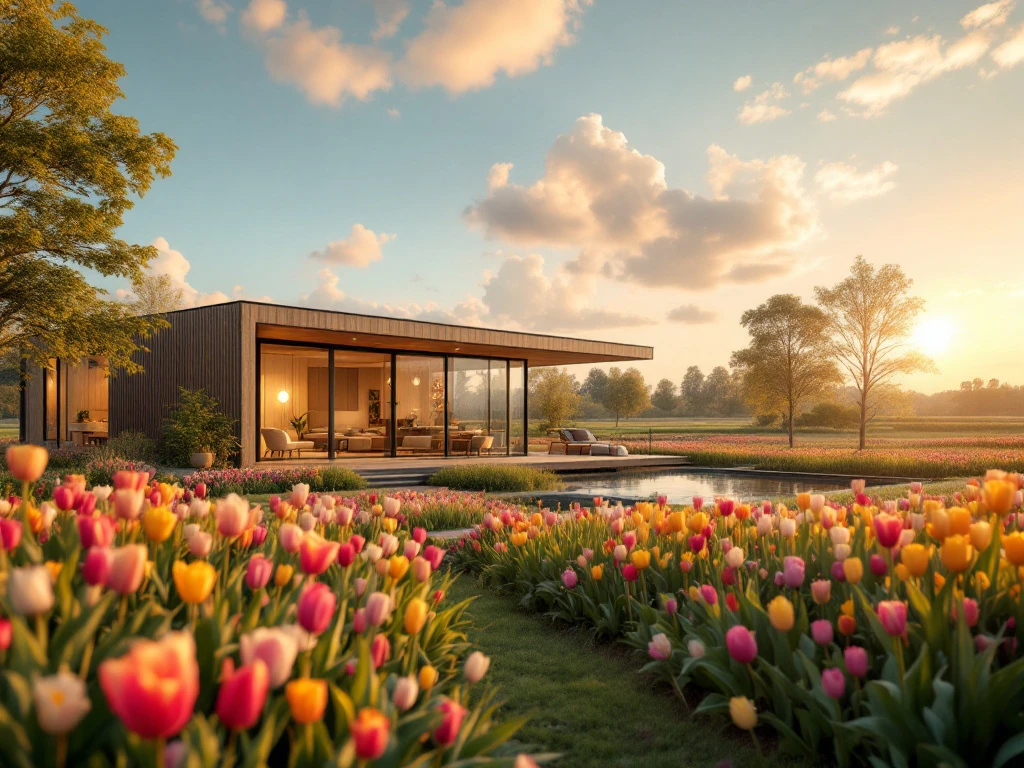 Een luxe verblijf tussen tulpenvelden in een Nederlands landschap, met moderne architectuur en grote ramen, onder een gouden hemel.