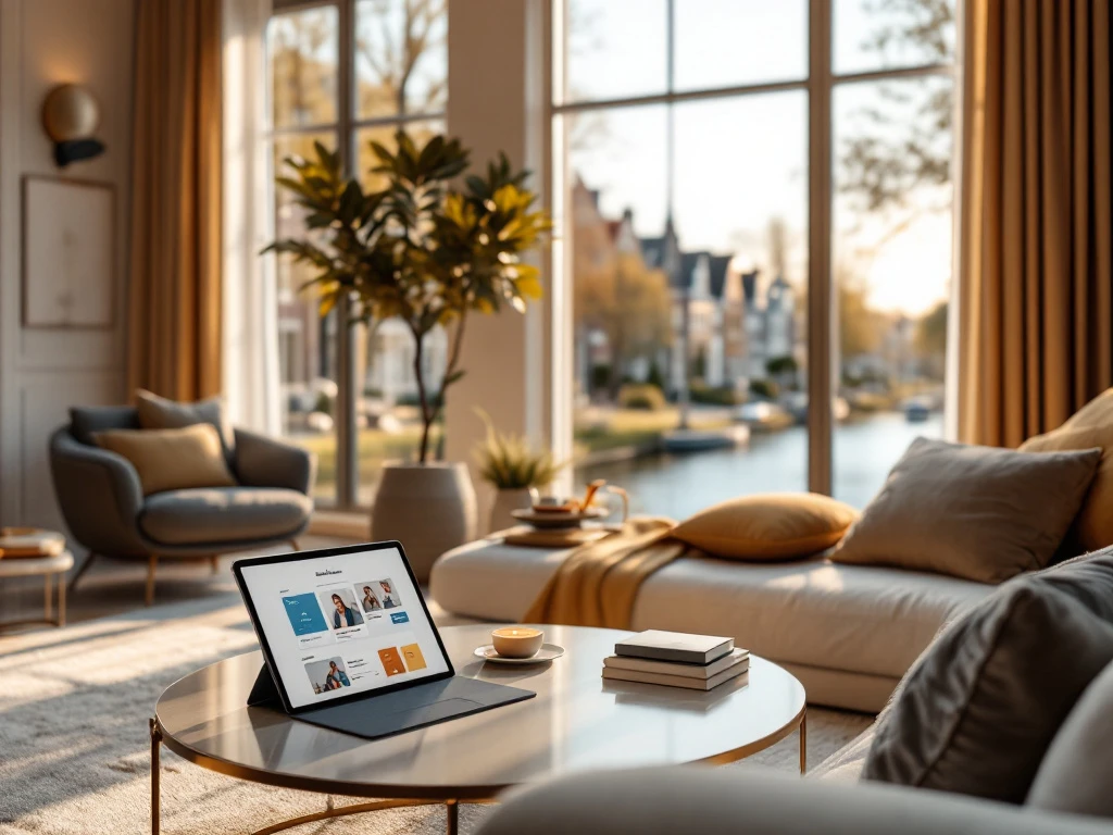 Luxe moderne woonkamer met uitzicht op een kanaal en Hollandse huizen, tablet met technologie voor naadloze boekingen.