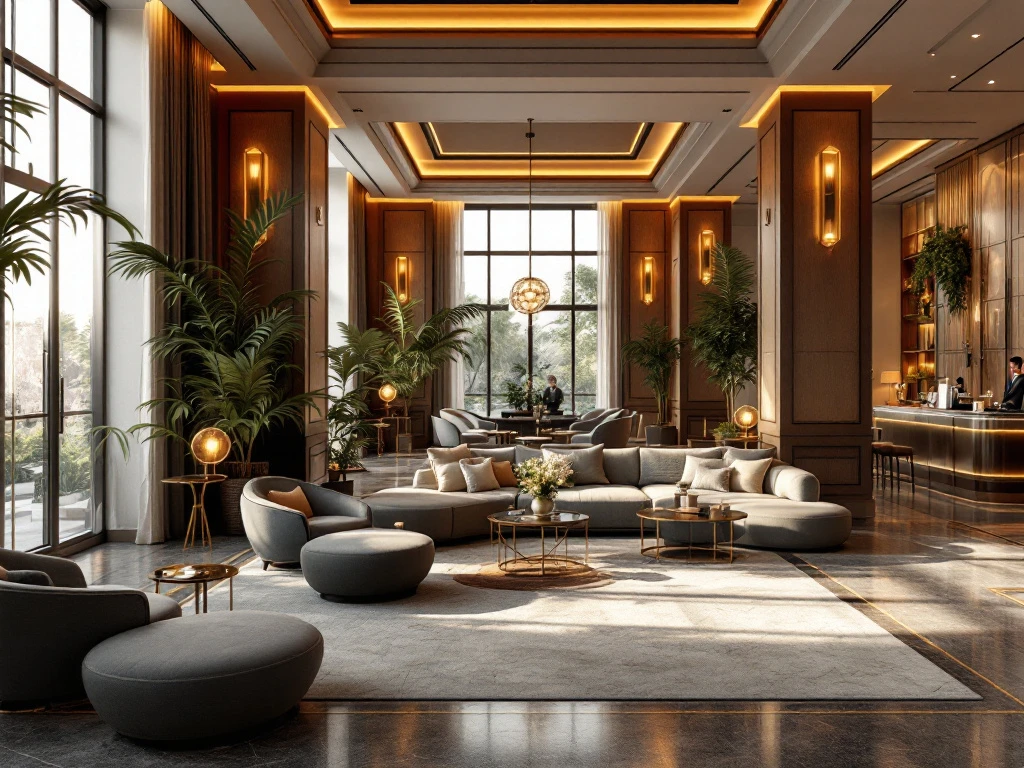 Elegante hotel lobby met modern design, luxe zitplaatsen, groen, grote ramen en een conciërgebalie, straalt comfort en exclusiviteit uit.