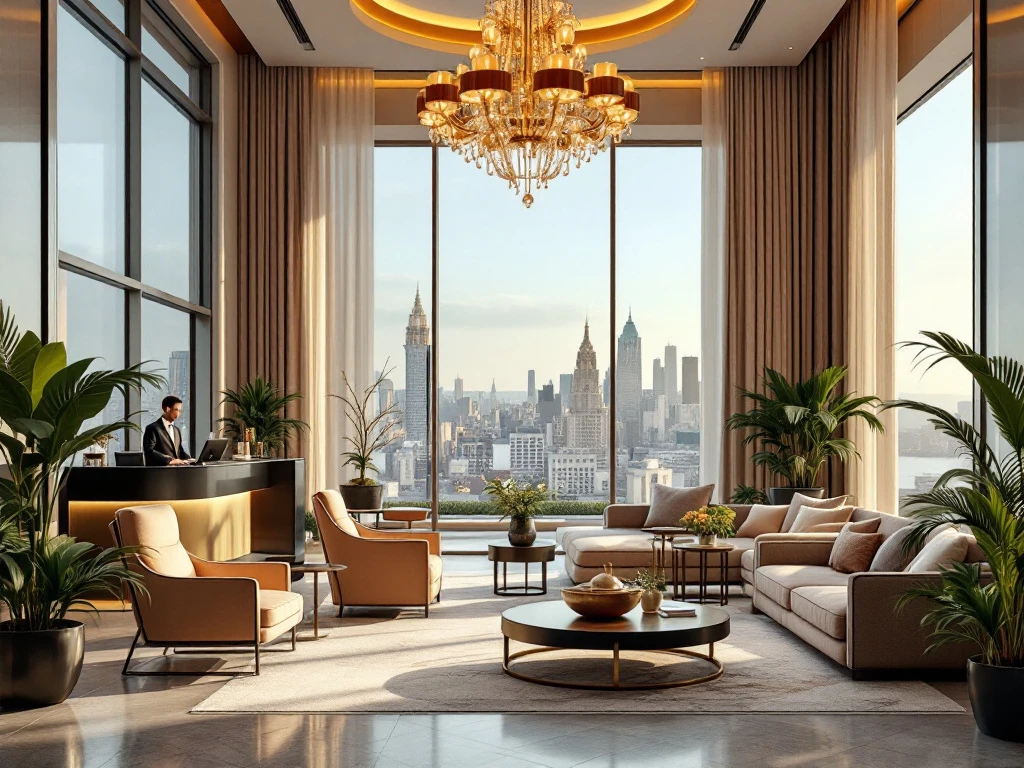 Luxe hotel lobby met kroonluchter, moderne meubels, vriendelijk personeel, grote ramen met uitzicht en groene accenten.