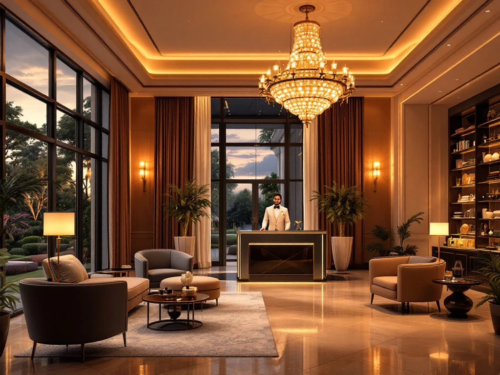 Luxe hotel lobby met warme verlichting, stijlvolle meubels, een grote kroonluchter en een conciërge bij de receptie, met uitzicht op een tuin.
