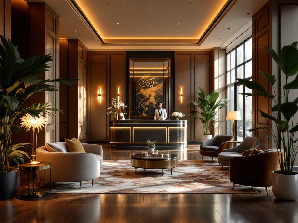 Een luxe hotel lobby met warme verlichting, elegante meubels, een conciërge en groene planten, die comfort en duurzaamheid uitstralen.