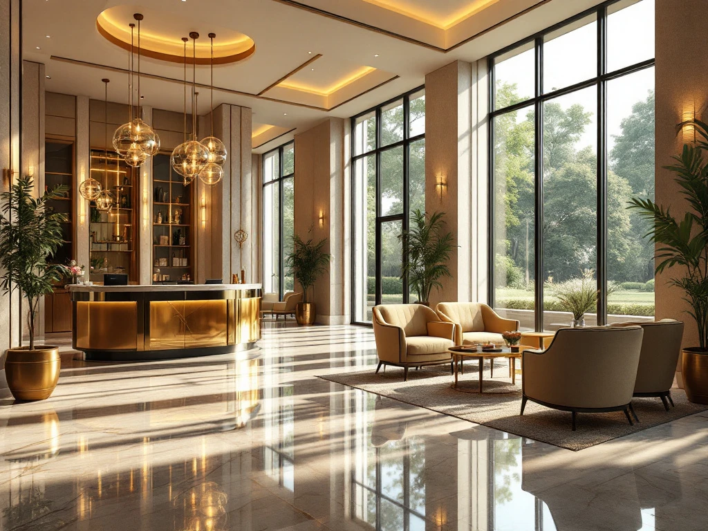 Hotel lobby van BetterStays: luxe en comfort met marmeren vloeren, elegante kroonluchters en relaxte zitplekken met uitzicht op groen.