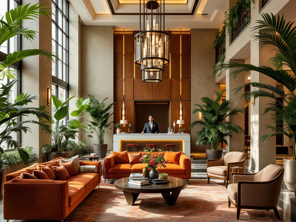 Luxe hotellobby met moderne architectuur, hoge plafonds, warme zitplaatsen, kroonluchter en conciërge; weerspiegelt BetterStays' gastvrijheid.