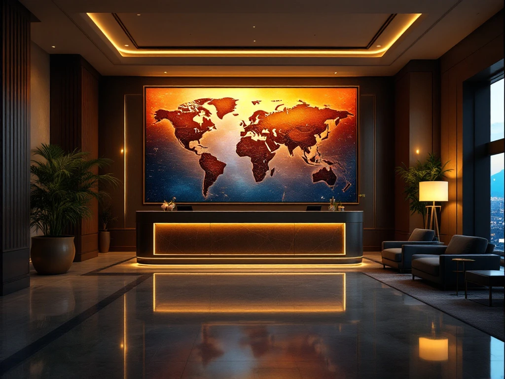 Hotel lobby met warme verlichting, stijlvolle receptie, wereldkaart, moderne meubels en stad uitzicht; straalt luxe en comfort uit.