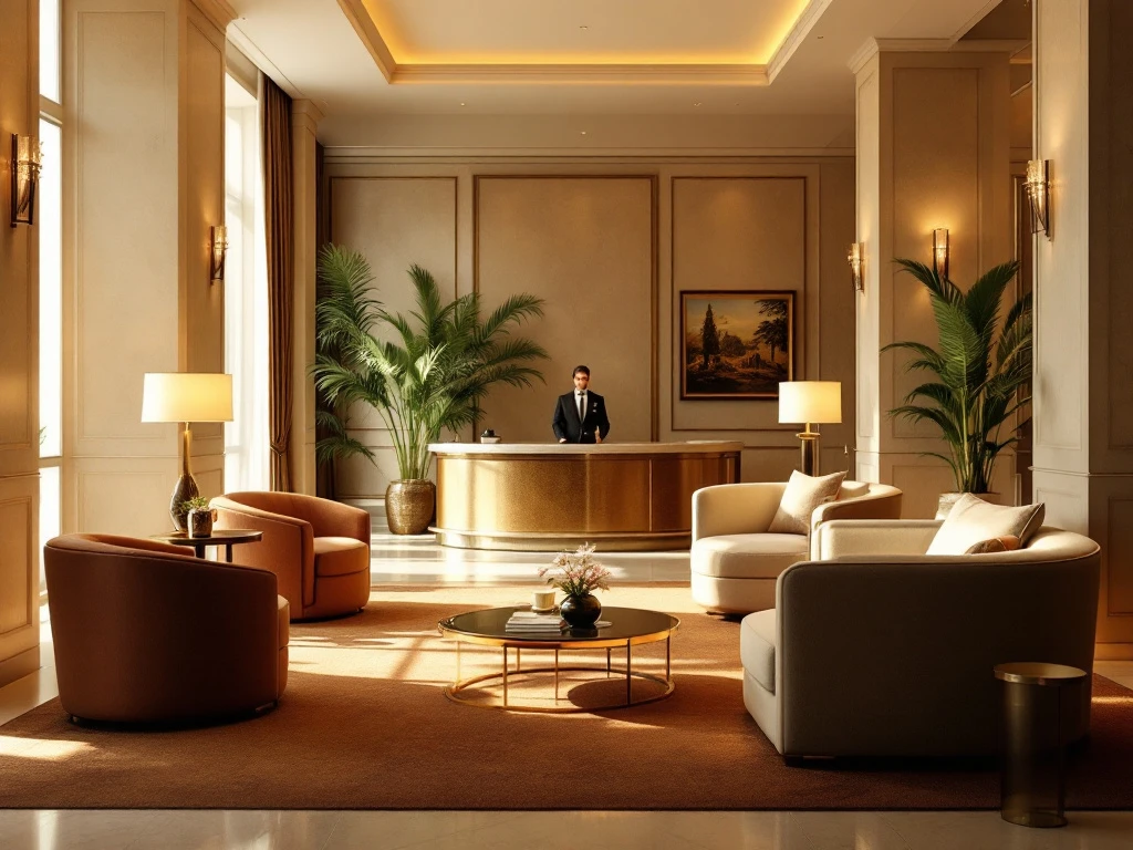 Luxe hotel lobby met warme verlichting, elegante meubels en een conciërge die een gast helpt, symbool voor gastvrijheid en kwaliteit.