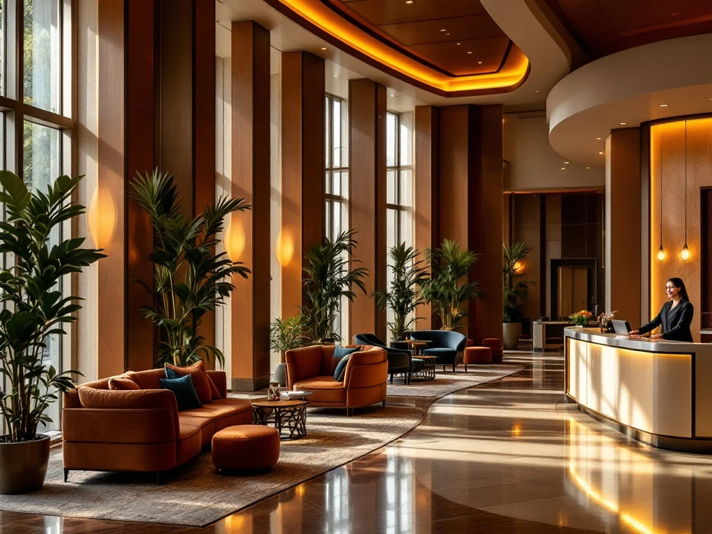 Een luxe hotel lobby met warme verlichting, moderne en klassieke ontwerpen, comfortabele zitplekken en een vriendelijke receptie.