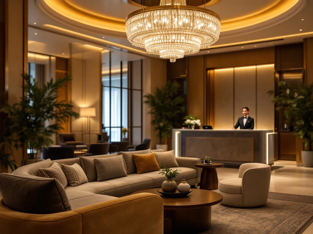 Luxe hotel lobby met warme verlichting, moderne zitplaatsen, receptie, groen en een grote kroonluchter; straalt comfort en stijl uit.