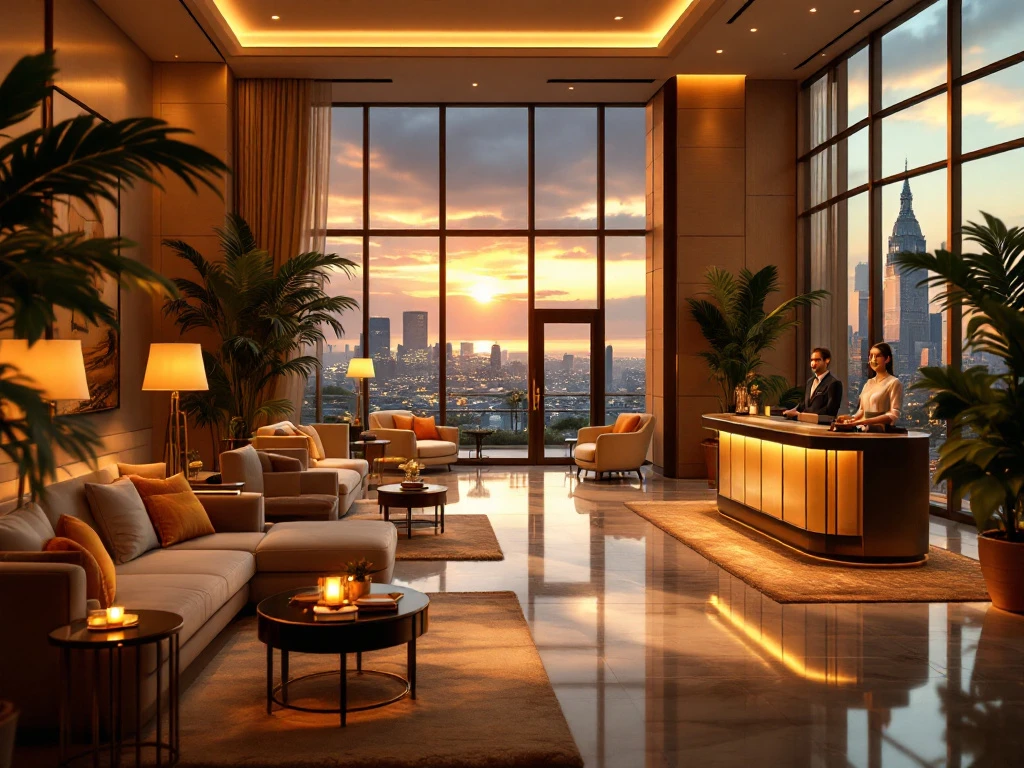 Luxe hotel lobby met warme verlichting, moderne zitplaatsen, receptie, groene planten, kunstwerken en uitzicht op de stad.