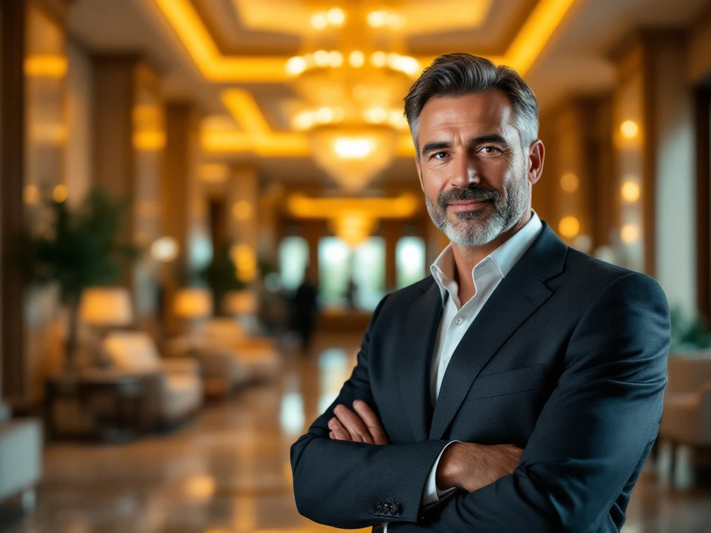 Hotel lobby met warme verlichting; manager vooraan, grote kroonluchter, marmeren vloer, conciërgebalie en luxe inrichting.
