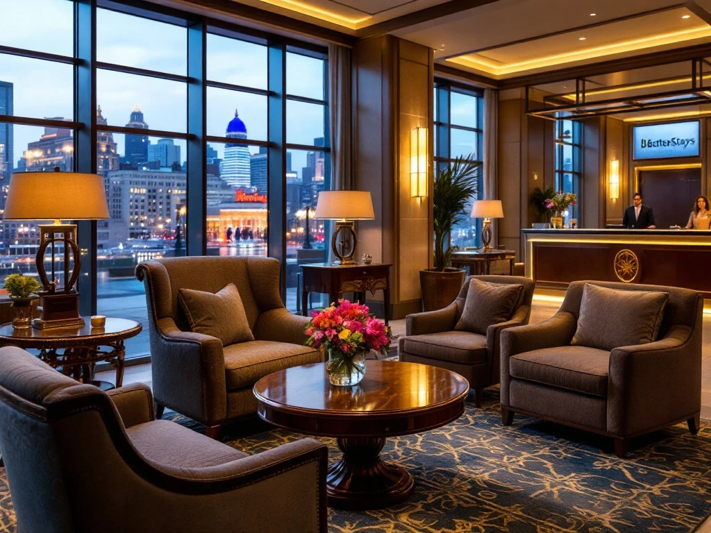 Hotel lobby met moderne en klassieke elementen, warme verlichting, luxe zitplaatsen, bloemen, grote ramen en conciërgebalie.