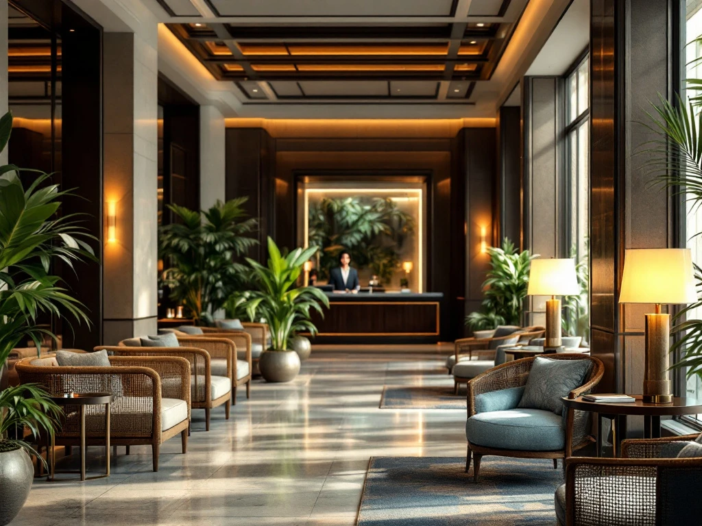 Luxueuze hotellobby met conciërge, comfortabele zitplekken, groen en warme verlichting, weerspiegelt BetterStays' gastvrijheid en duurzaamheid.