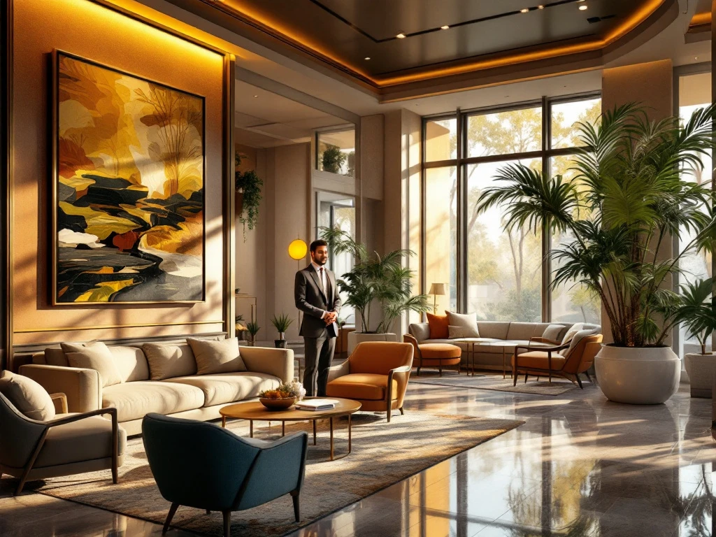 Luxueuze hotellobby met moderne meubels, warme verlichting, natuurlijke elementen en een attente conciërge, symbool voor gastvrijheid.