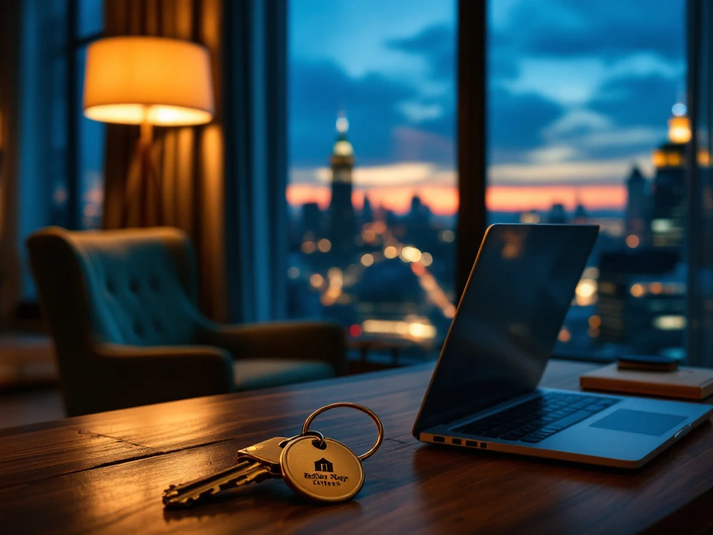 Luxe hotellobby met een fluwelen stoel, stadzicht, laptop op bureau, gouden sleutel en logo, in warme tinten blauw en goud.