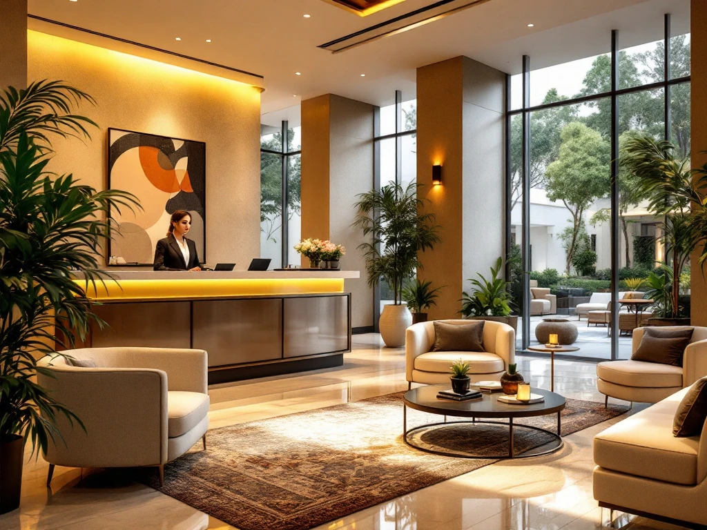 Luxe hotel lobby met warme verlichting, conciërge, moderne kunst en tuinzicht. Uitstraling van comfort en eersteklas service.