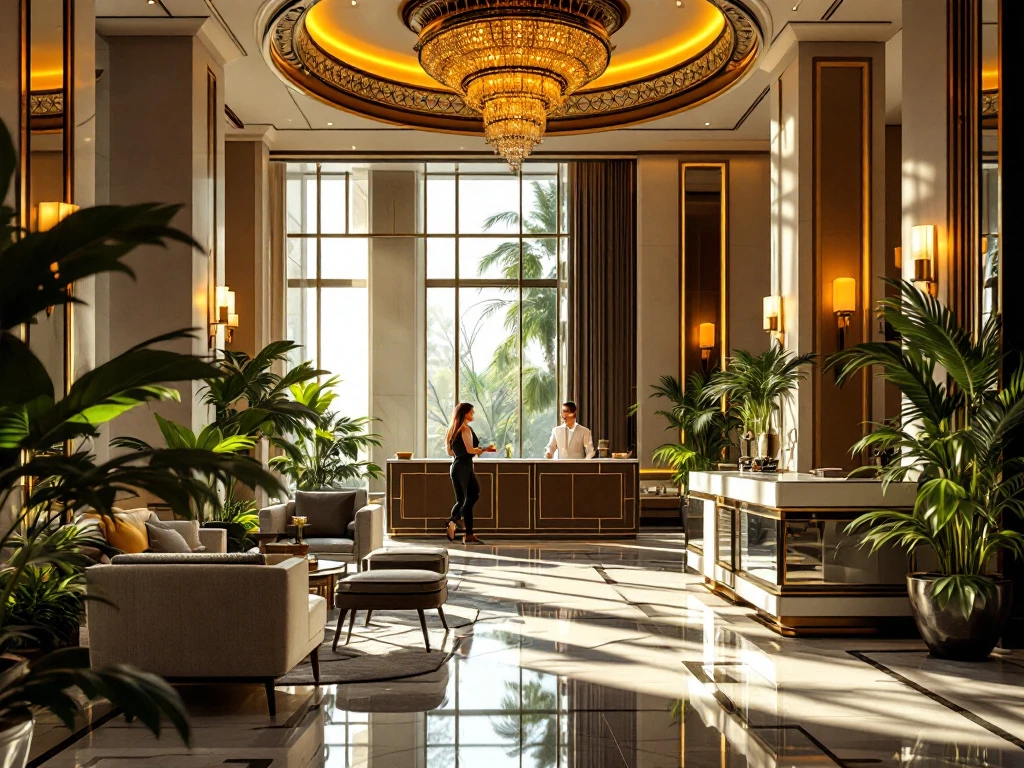 Luxe hotellobby met moderne meubels, groen en kroonluchter. Concierge helpt gasten, benadrukt comfort en duurzaamheid.