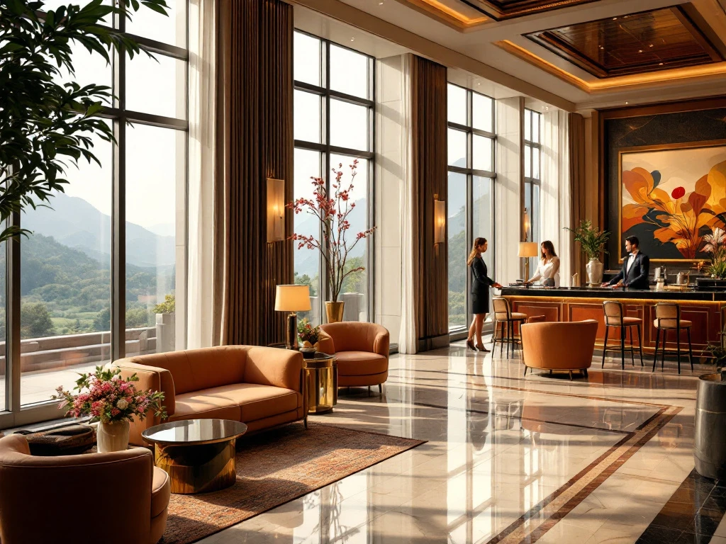 Een luxe hotel lobby met comfortabele zitplekken, marmeren vloeren, een behulpzame conciërge en uitzicht op groene landschappen.