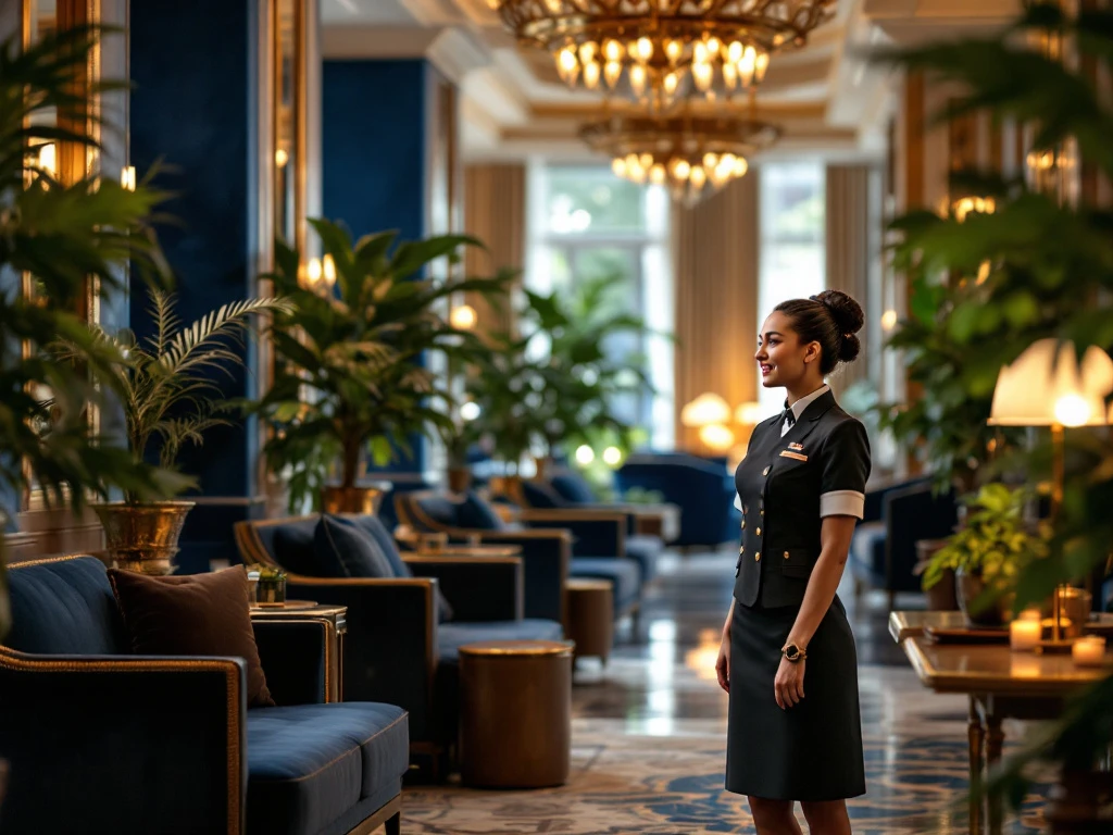 Elegante hotel lobby met warme verlichting, luxe zitplekken, groen decor en attente medewerker die gast vriendelijk helpt.