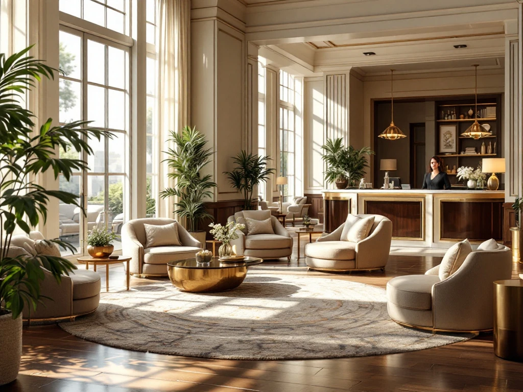 Luxe hotel lobby met zacht licht, elegante zitplekken, een conciërgebalie en decor, uitstralend comfort en gastvrijheid van BetterStays.