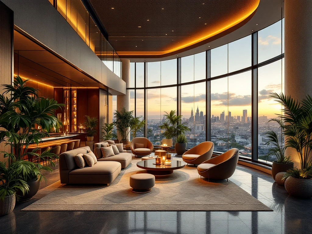 Een luxe hotel lobby met warme verlichting, moderne inrichting, grote ramen met stadsuitzicht, planten en houten accenten.