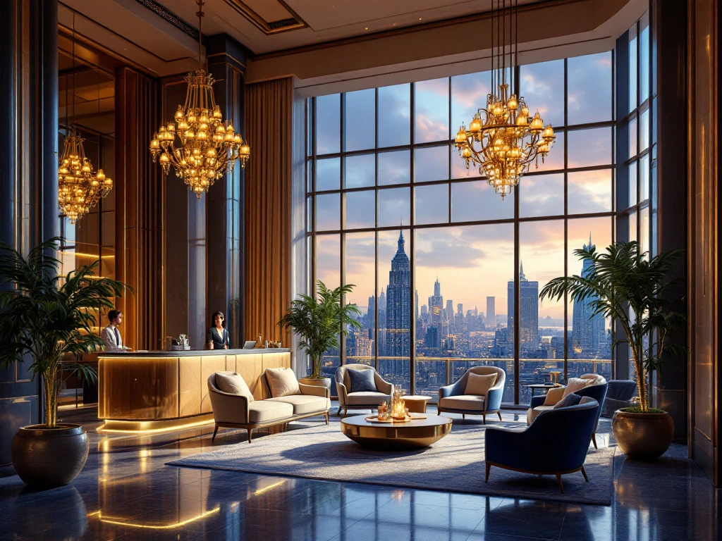 Luxe hotel lobby met hoge plafonds, gouden en blauwe kleuren, moderne meubels, grote ramen, kroonluchters en vriendelijk personeel.