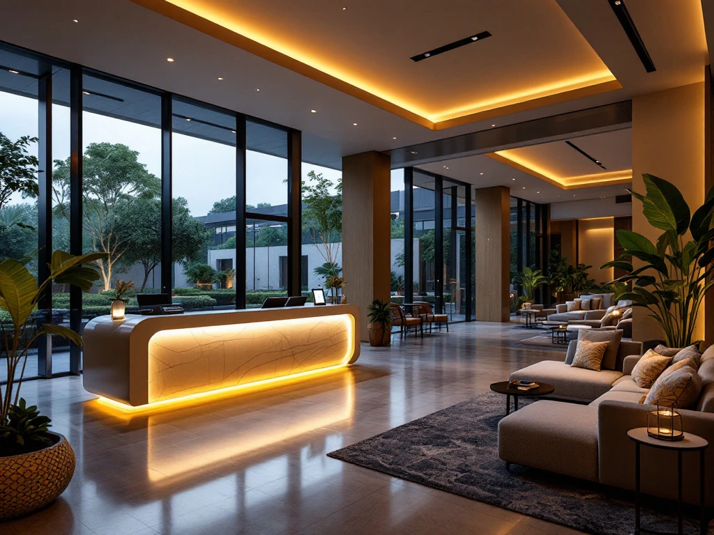 Een moderne hotel lobby met strakke meubels, digitale receptie, warme verlichting en uitzicht op een serene tuin.