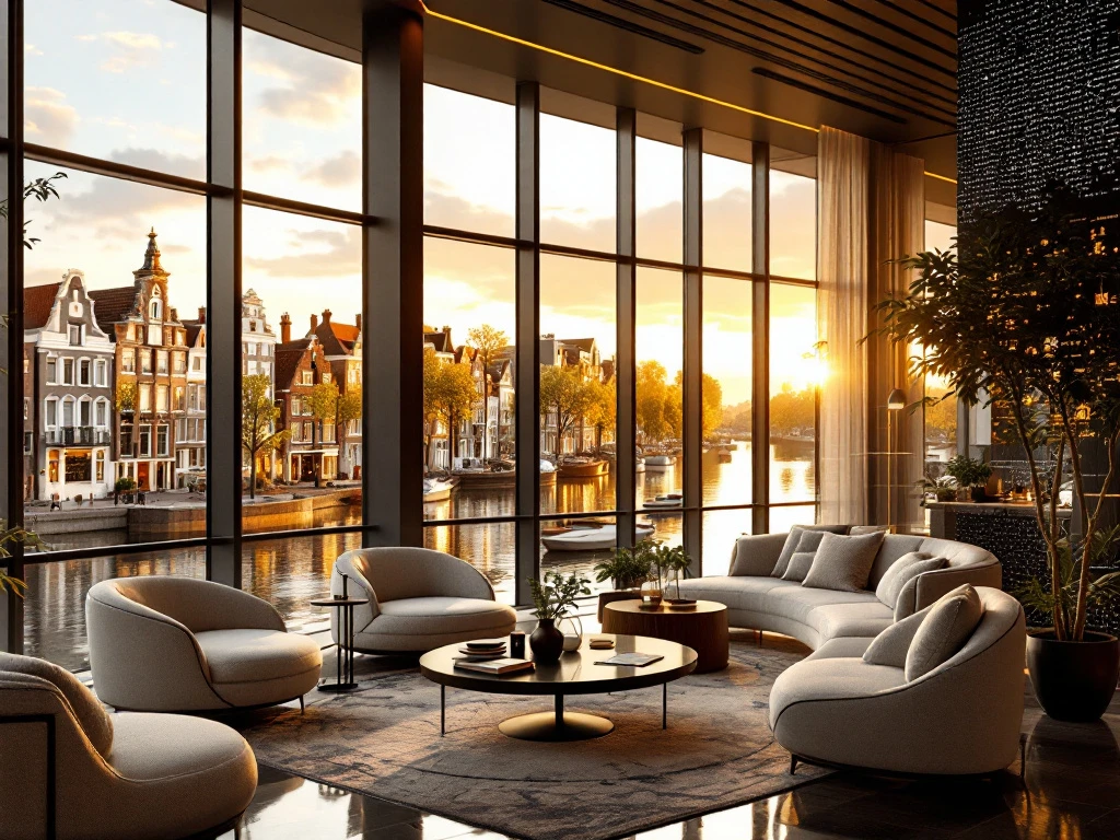 Een moderne hotel lobby in Nederland met luxe inrichting en uitzicht op een stadsgezicht met grachtenpanden in warm zonlicht.