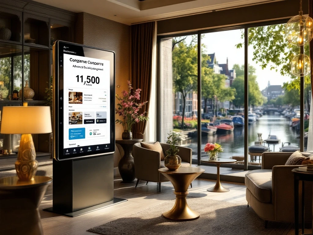 Moderne hotel lobby met digitale conciërge, luxe zitplekken, warme verlichting en uitzicht op een idyllisch Nederlandse kanaal.