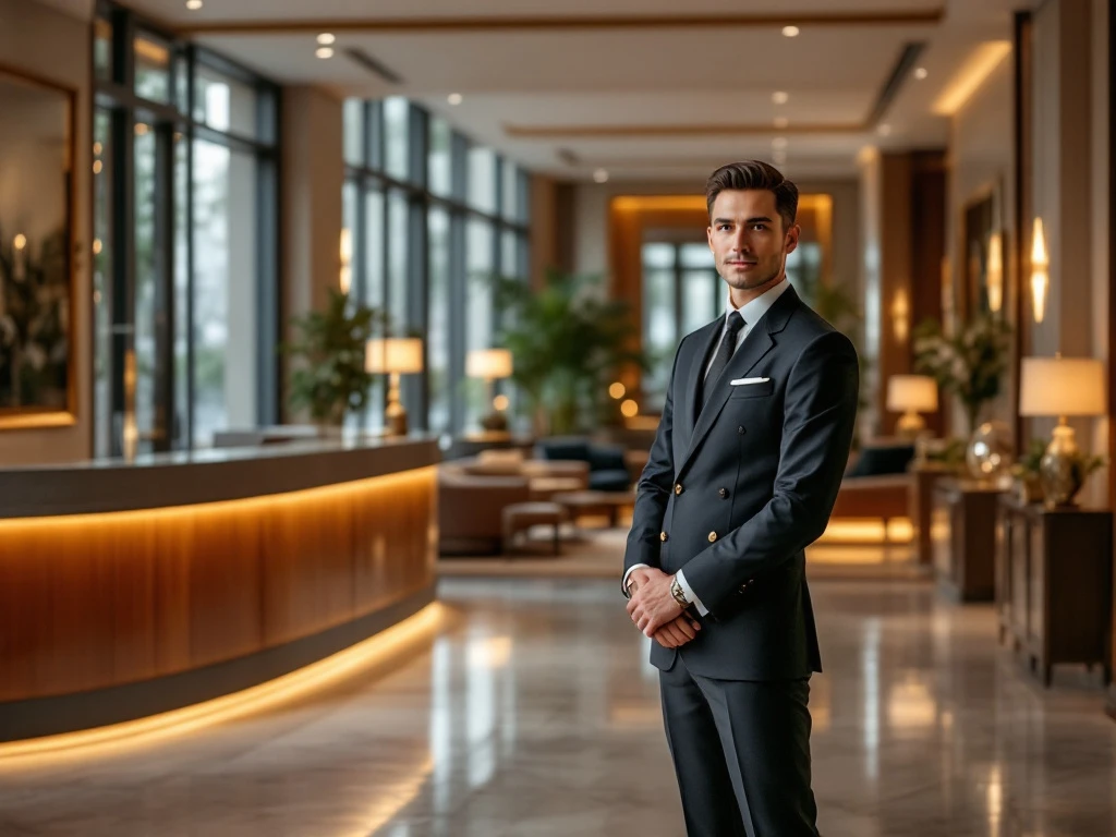 Luxe hotelreceptie met stijlvolle conciërge, warme sfeer, rijke aardetinten en goudaccenten, straalt exclusiviteit en comfort uit.