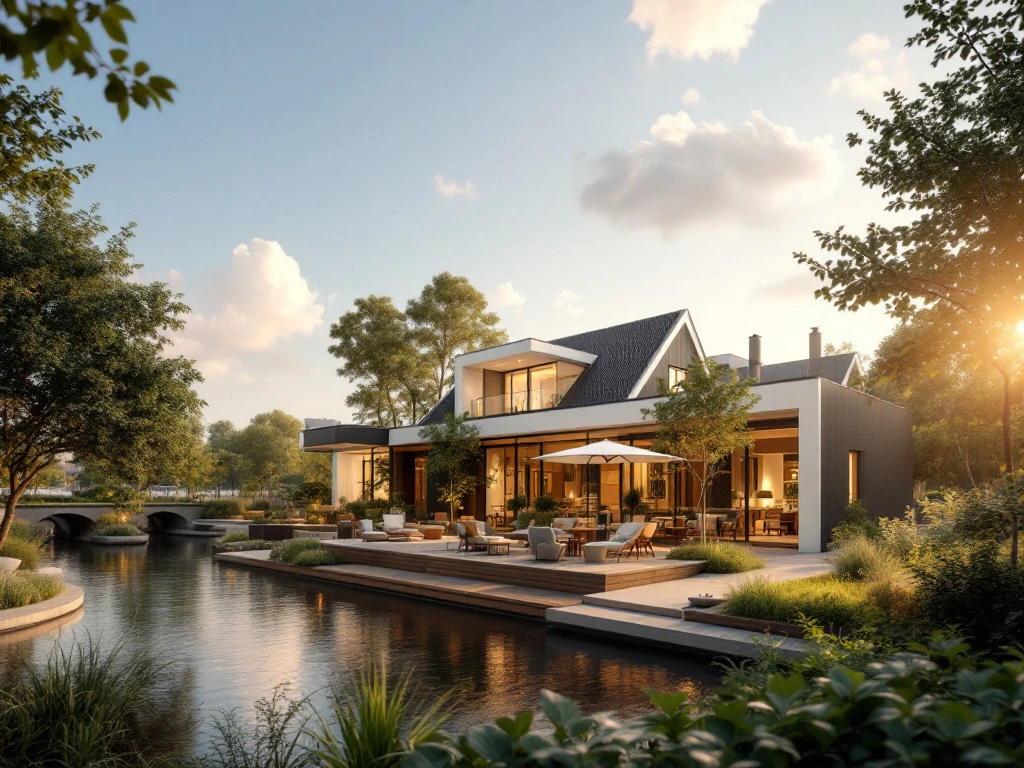 Luxueuze accommodatie aan een rustige Nederlandse gracht, modern ontwerp met traditionele elementen, omgeven door groen en zachte verlichting.
