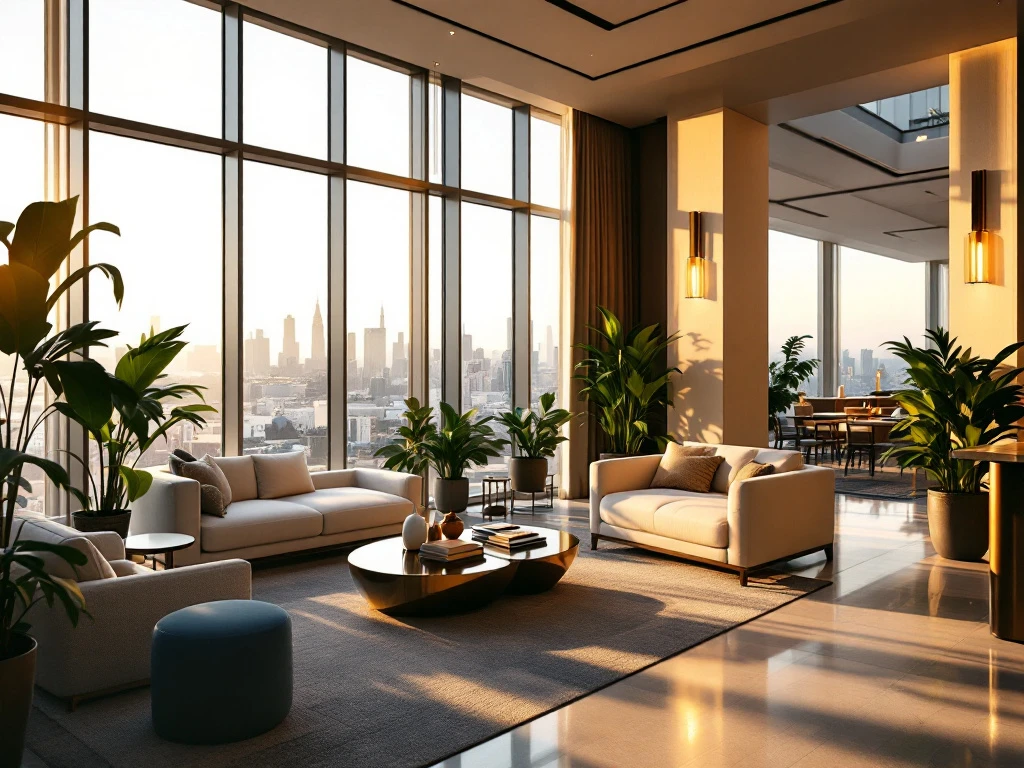 Moderne hotel lobby met warme verlichting, luxe meubels, stadzicht en vriendelijk personeel van BetterStays; sfeer van comfort en exclusiviteit.