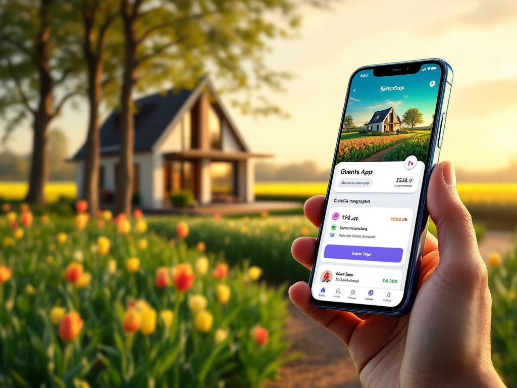 Een moderne villa in een groen Nederlands landschap met tulpen en een smartphone die een gebruiksvriendelijke gastenapp toont.