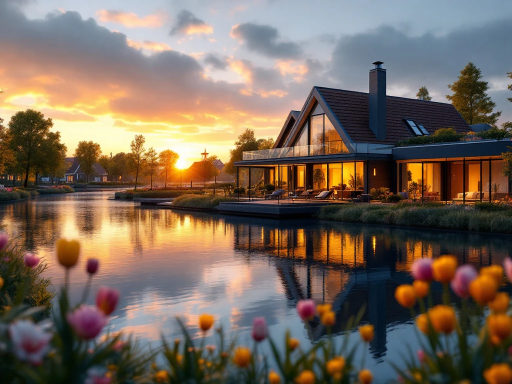 Luxueus verblijf aan een kanaal bij zonsopgang, met reflectie in het water, tulpen op de voorgrond en een serene, exclusieve sfeer.