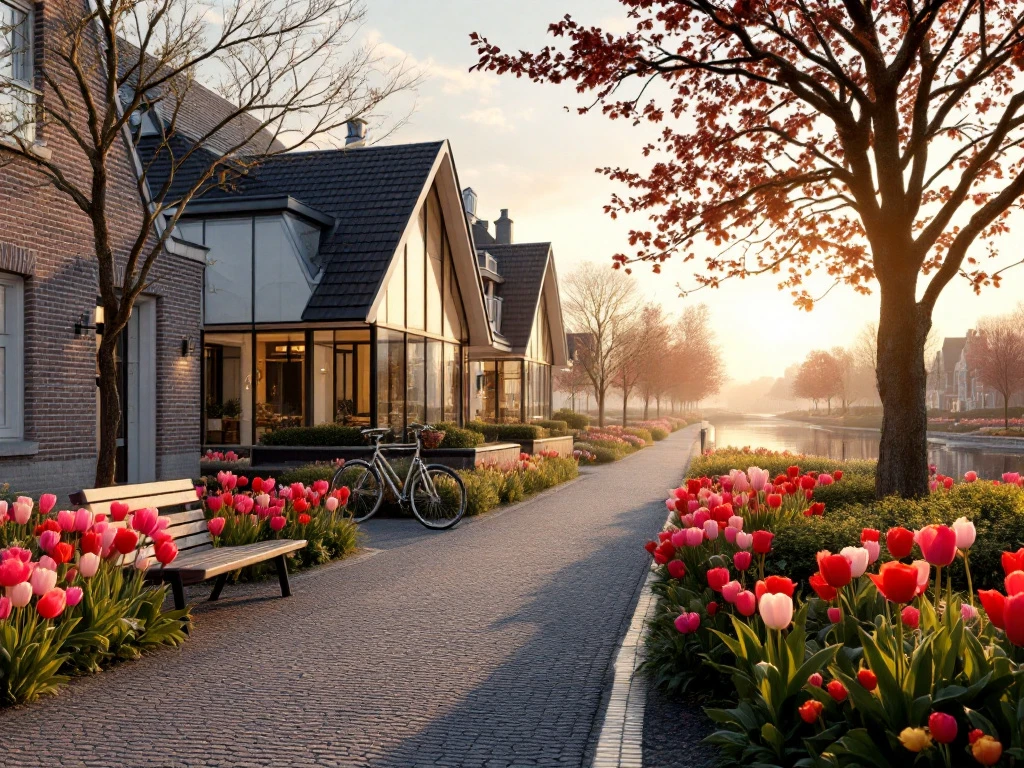 Een modern hotel bij zonsopgang aan een kanaal met tulpen, een fiets en een uitnodigende sfeer, symboliseert luxe en gastvrijheid.