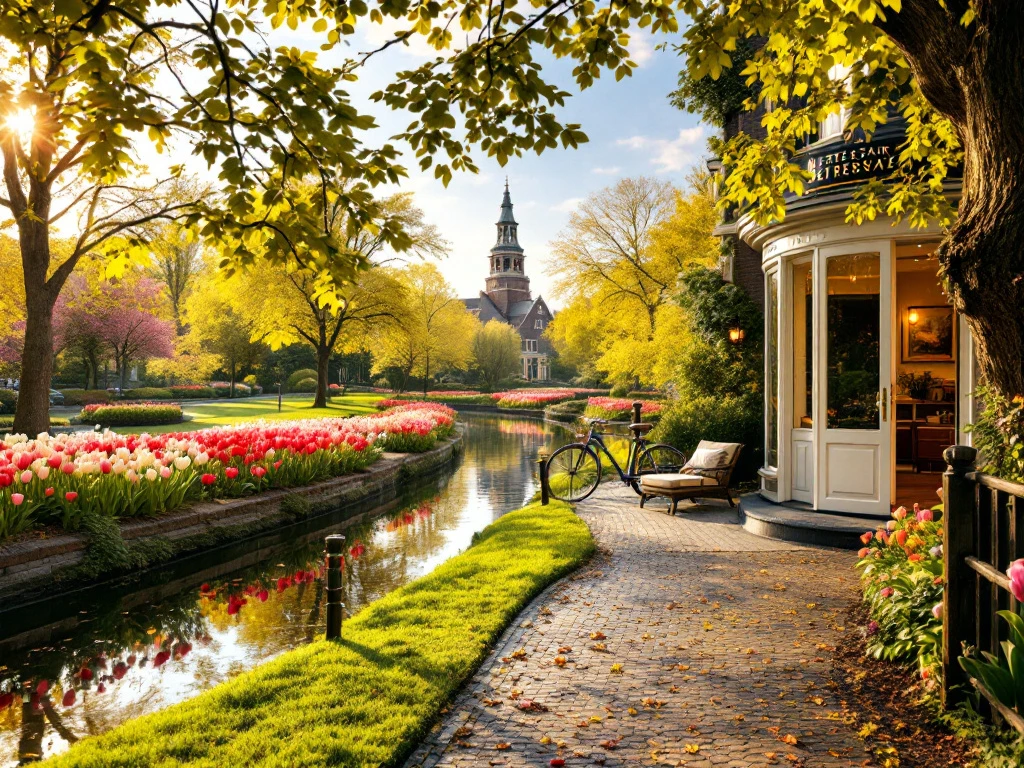 Luxe hotel aan een rustige Hollandse gracht met tulpenvelden, warm zonlicht, stijlvolle fiets, en uitnodigende tuin.