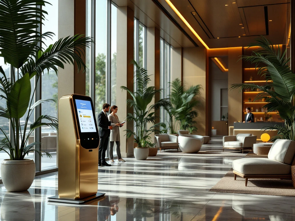 Moderne hotel lobby met een geautomatiseerd incheckkiosk, grote ramen, planten, en een conciërge die gasten verwelkomt.