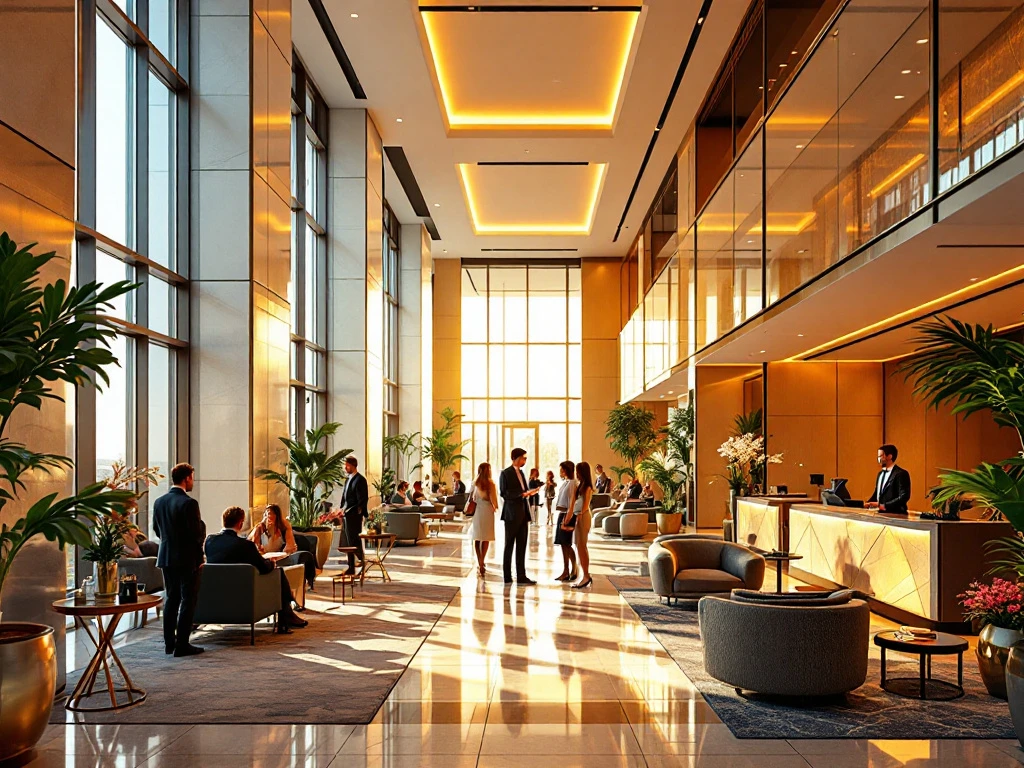 Moderne hotel lobby van BetterStays met luxe zitplaatsen, bloemen, en gasten in gesprek met personeel in een warme, uitnodigende sfeer.
