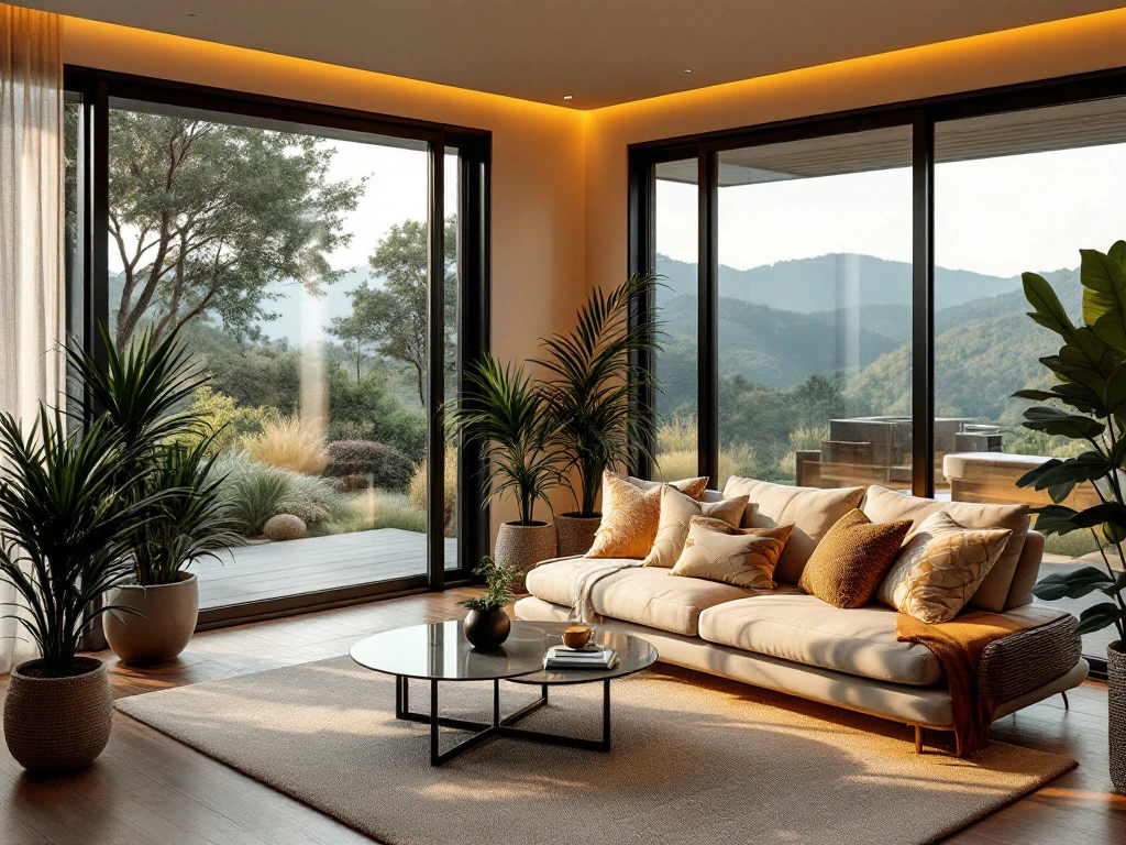 Moderne, luxe ruimte met een stijlvolle bank, warme verlichting, grote ramen en duurzame elementen, straalt comfort en elegantie uit.