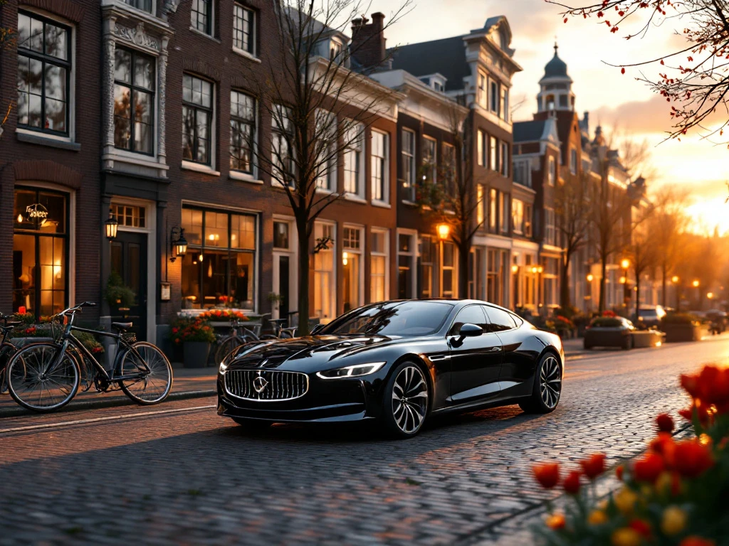 Een moderne auto langs een kanaal bij zonsondergang in een Nederlandse stad, met fietsen, tulpen en historische gebouwen op de achtergrond.